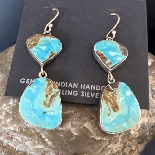 Navajo Blue Kingman Turquoise Dangle Earrings | Sterling Silver | Authentic Native American Handmade | 15113