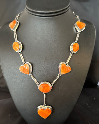 Navajo Lariat Necklace with Orange Spiny Oyster Earrings | Sterling Silver Pendant | 19" | Authentic Native American Handmade | 14955