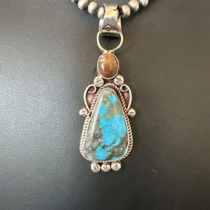 Navajo Blue Kingman Turquoise Wild Horse Pendant Necklace | Sterling Silver | Authentic Native American Handmade | 17222