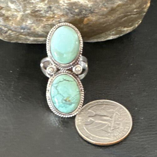 Navajo Blue Dry Creek Turquoise 2 Stone Ring | Authentic Native American Sterling Silver | Multi-Stone | Sz 10 | 16739 - Masha USA