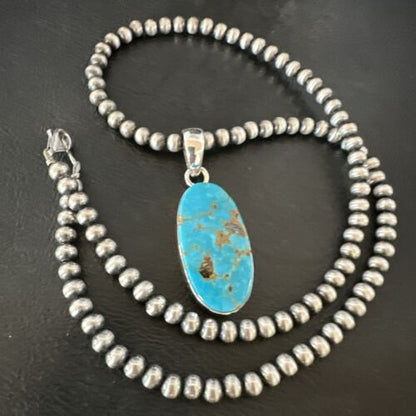 Navajo Blue Kingman Turquoise Pendant with Pearls | Sterling Silver Necklace | 20" | 16994