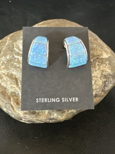 Navajo Blue Opal Inlay Post Earrings | Sterling Silver | Authentic Native American Handmade | 16949