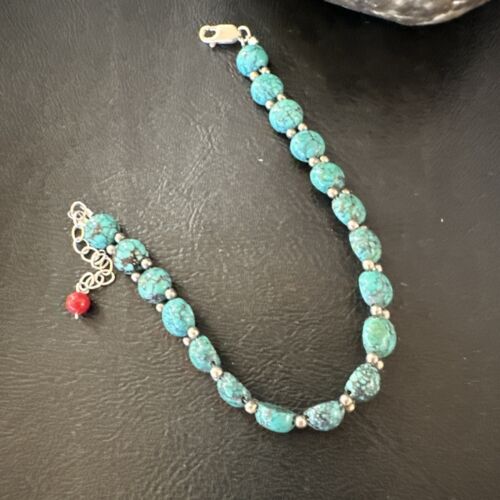 Southwestern Blue Turquoise Bead Link Bracelet | Sterling Silver | 8" | 17231