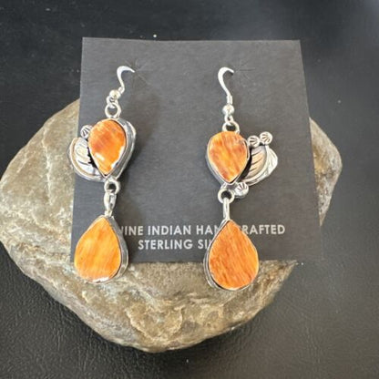 Navajo Orange Spiny Oyster Dangle Earrings | Sterling Silver | 1.5" | Authentic Native American Handmade | 16566