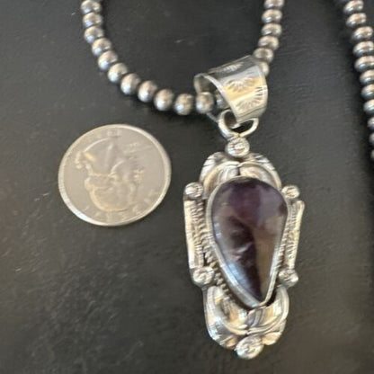 Navajo Purple Sugilite Pendant with Pearls | Sterling Silver Bead Necklace | Authentic Native American Handmade | 15413