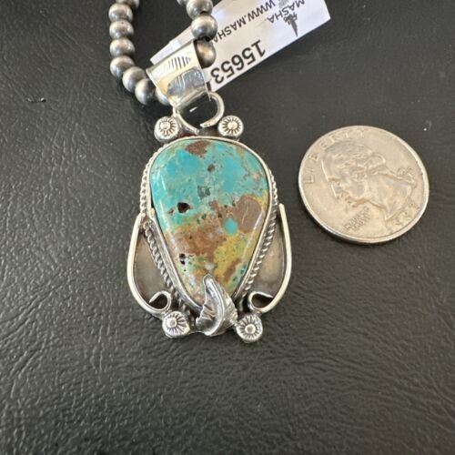 Navajo Blue Turquoise Pendant Necklace | Sterling Silver Pearls | Authentic Native American Handmade | 15653 - Masha USA