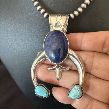 Blue Turquoise Lapis Lazuli Naja Pendant | Navajo Sterling Silver | Authentic Native American Handmade | 16412