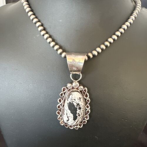 Men's White Buffalo Turquoise Pendant | Navajo Pearl Sterling Silver Necklace | Authentic Native American | 17038