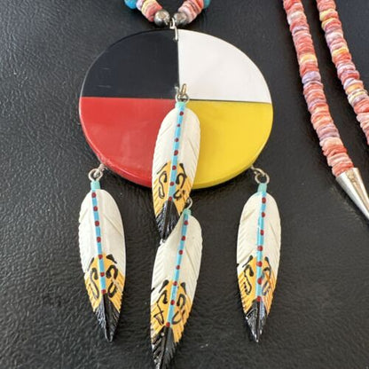 Santo Domingo Multicolor Spiny Inlay Feather Pendant Necklace | Sterling Silver | 24" | 16856