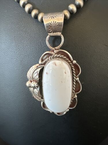 Navajo White Buffalo Turquoise Pendant Necklace | Sterling Silver | Authentic Native American Handmade | 15615