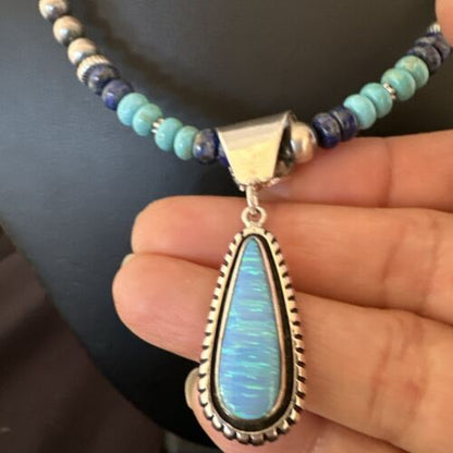 Navajo Opal Inlay Pendant with Turquoise & Lapis | Sterling Silver Necklace | Authentic Native American Handmade | 16849