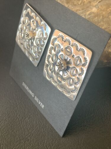 Navajo Stamped Square Earrings | Sterling Silver | Authentic Native American Handmade | 1199