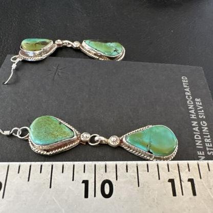 Navajo Green Royston Turquoise Dangle Earrings | Sterling Silver | Authentic Native American Handmade | 17140