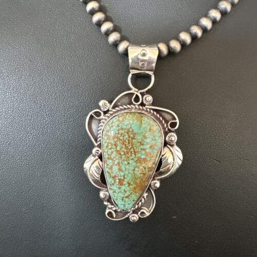 Navajo Blue Turquoise #8 Pendant | Sterling Silver Pearls Necklace | Authentic Native American Handmade | 15902