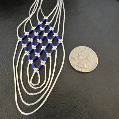 Crisscross Blue Lapis Heishi Necklace | 5 Strand Liquid Sterling Silver | 22" | 15882
