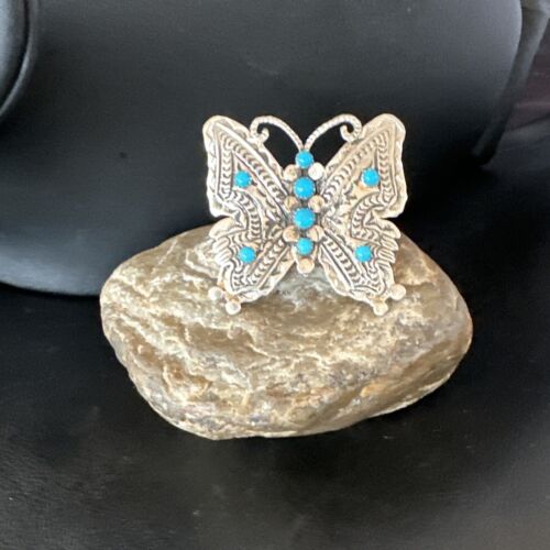 Navajo Turquoise Butterfly Ring | Authentic Native American Sterling Silver | Multi-Stone | Adjustable Women's Sz 8 | 16169