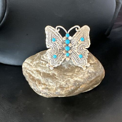 Navajo Turquoise Butterfly Ring | Authentic Native American Sterling Silver | Multi-Stone | Adjustable Women's Sz 8 | 16169