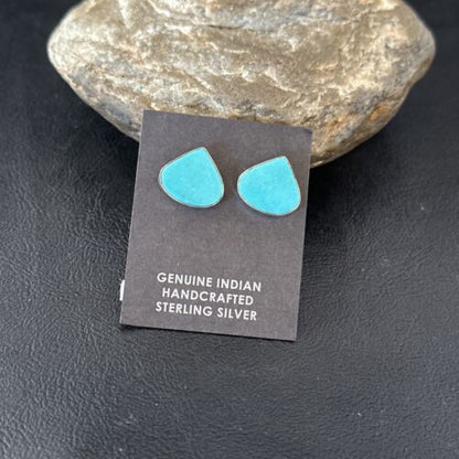 Navajo Blue Kingman Turquoise Post Stud Earrings | Sterling Silver | Authentic Native American Handmade | 17483