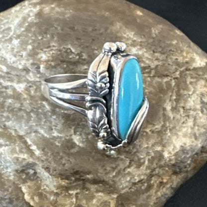 Navajo Leaf Blue Kingman Turquoise Ring | Sterling Silver | Sz 10.5 | Authentic Native American Handmade | 17136