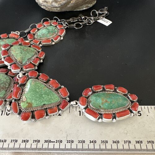 Navajo Green Turquoise and Coral Lariat Necklace Pendant | 23" | Authentic Native American Handmade | 16191