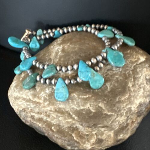 Navajo Pearls Sterling Silver Blue Turquoise Teardrop Bracelet | 2-Strand | 8" | 15246