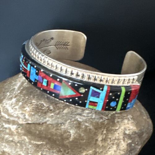 Men's Navajo Black Onyx Coral Turquoise Sterling Silver Cuff Bracelet Inlay | 16122
