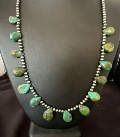 Navajo Pearls Green Teardrop Turquoise Necklace | Sterling Silver | 22" | Authentic Native American Handmade | 16957