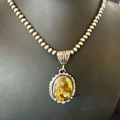 Navajo Green Gaspeite Pendant Necklace | Sterling Silver | Authentic Native American Handmade | 17425