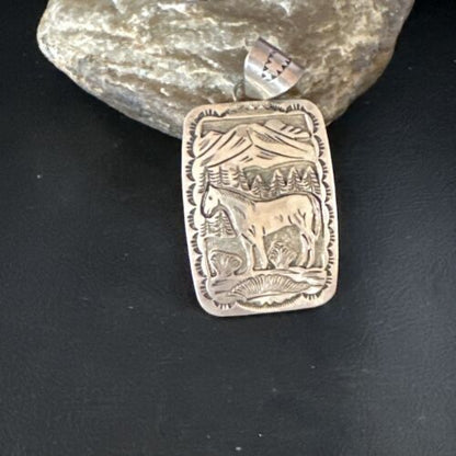 Navajo Stamped Horse Pendant Necklace | Sterling Silver | 2.5" | Authentic Native American Handmade | 15171