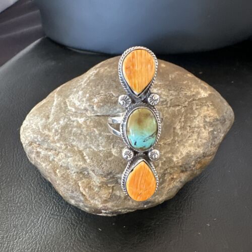 Navajo Green Turquoise Spiny Oyster Multi-Stone Ring | Authentic Native American Sterling Silver | Sz 10.5 | 16716
