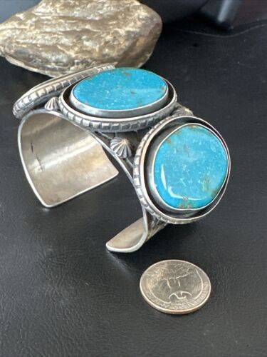 XL Men's Kingman Turquoise 3 Stone Cuff Bracelet | Navajo Sterling Silver | Authentic Native American Handmade | 15851
