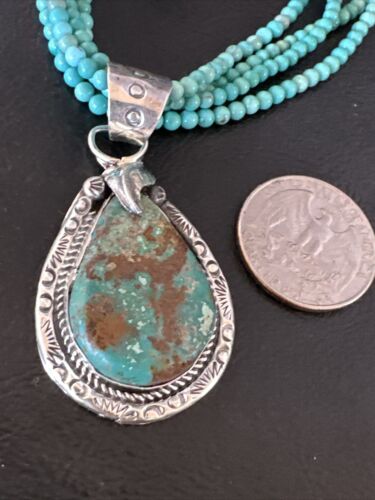 Blue Turquoise Pendant | Navajo Pearls | Sterling Silver Bead Necklace 17" | Multi-Strand | 15994