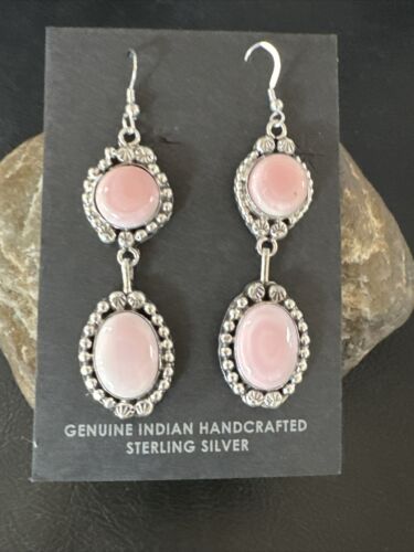 Navajo Pink Conch Shell Dangle Earrings | Sterling Silver | Authentic Native American Handmade | 17199