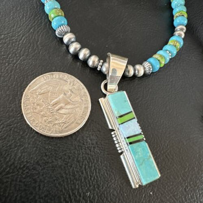 Navajo Green Gaspeite Turquoise Inlay Pendant Necklace | Sterling Silver | Authentic Native American Handmade | 16013