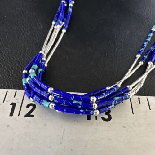 Navajo Blue Green Azurite 5-Strand Necklace | Sterling Silver | 20" | Authentic Native American Handmade | 15134