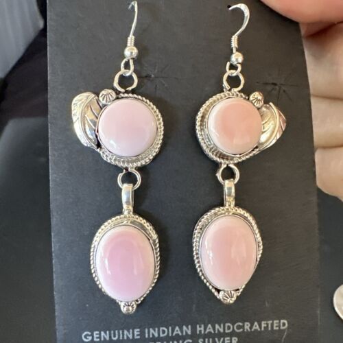 Navajo Pink Conch Shell Dangle Earrings | Sterling Silver | Authentic Native American Handmade | 17215