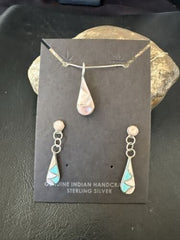 Zuni Turquoise & Pink Mother of Pearl Inlay Pendant Necklace & Earrings Set | Double Sided | Sterling Silver | Native American Handmade | 17493