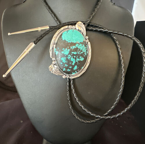 Men's Blue Spiderweb Turquoise Bolo Tie | Navajo Sterling Silver | Authentic Native American Handmade | 15009