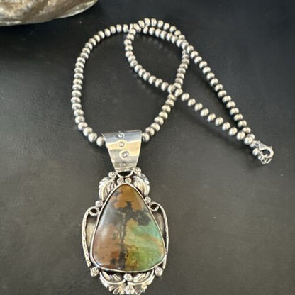 Men's Navajo Green Turquoise Pendant Necklace | Sterling Silver | Authentic Native American Handmade | 17532