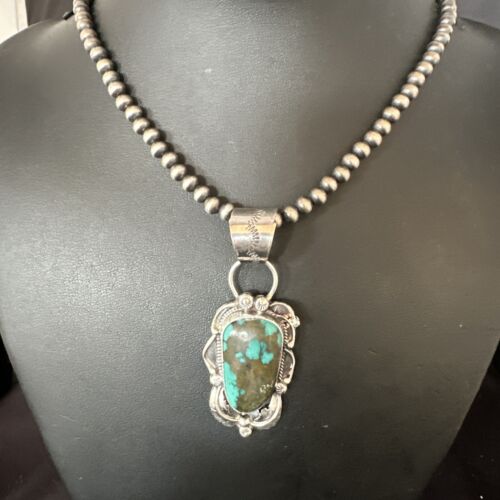 Navajo Blue Spiderweb Turquoise Pendant Necklace | Sterling Silver Pearls | Authentic Native American Handmade | 15095