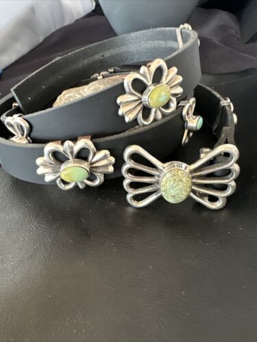 Men's Green Royston Turquoise Concho Belt | Sterling Silver Navajo Tufa | Authentic Native American Handmade | 16789