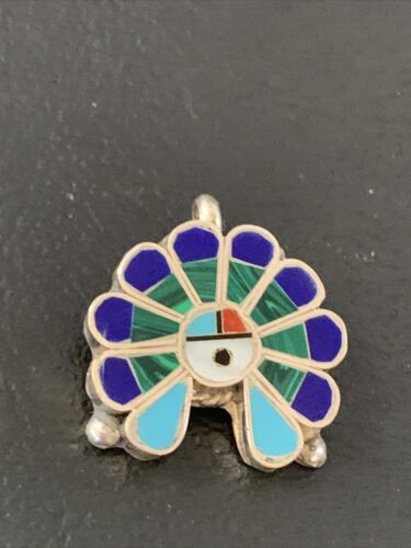 Zuni Sunface Turquoise Lapis Malachite Inlay Pendant | Sterling Silver | 1" | Authentic Native American Handmade | 1183