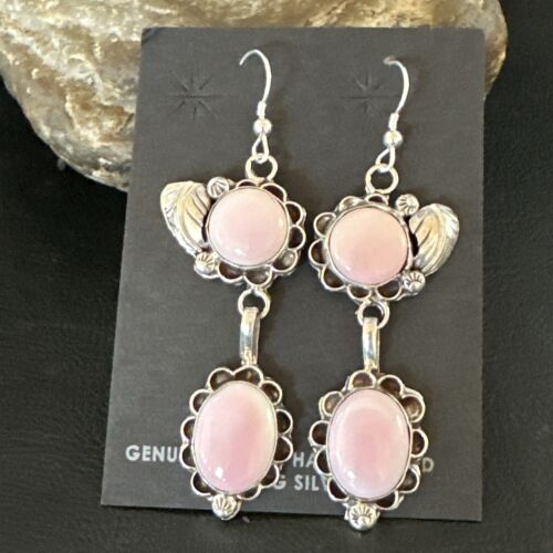 Navajo Pink Conch Shell Dangle Earrings | Sterling Silver | Authentic Native American Handmade | 17214