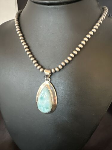Navajo Blue Larimar Pendant Necklace | Sterling Silver Beads | Authentic Native American Handmade | 17567