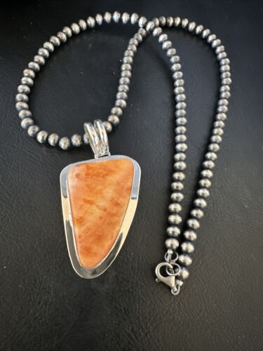 Navajo Pearls Orange Spiny Oyster Necklace Pendant | Sterling Silver | Authentic Native American Handmade | 15003