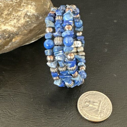 Navajo Lapis Silver Stainless Steel Memory Wire Bracelet | 6mm Beads | 6" | 17616