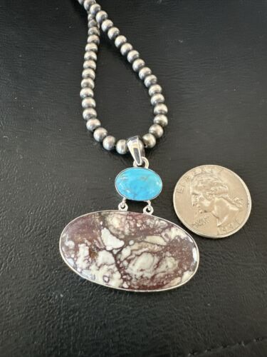 Navajo Wild Horse | Blue Kingman Turquoise Necklace | Sterling Silver | Authentic Native American Handmade | 17307