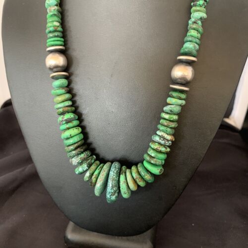 Navajo Sterling Silver Green Turquoise Bead Necklace | Graduated | Authentic Native American | 20" | 13237