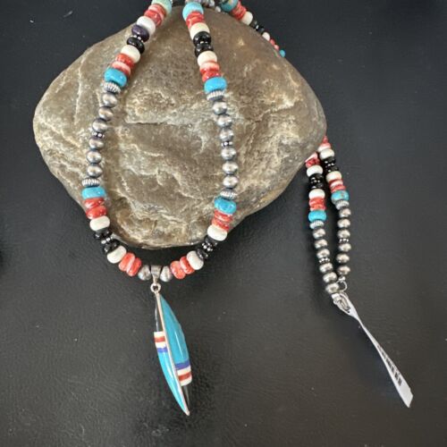 Navajo Turquoise Spiny Oyster Inlay Pendant Necklace | Sterling Silver | Authentic Native American Handmade | 13560