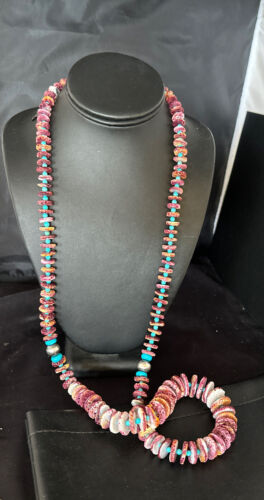Authentic Native American Navajo Necklace | Purple Spiny Oyster & Turquoise | Sterling Silver | 34" | 15091